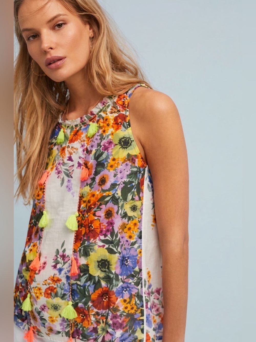 RAGA Anthropologie Floral Swing Tassel Tank Top White Neon M
